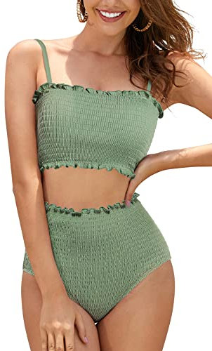 SHEKINI Mujer Bikini Sexy Traje de Baño Dividido Bandeau Camisa de Cintura Alta Traje de Baño Ropa de Playa (M, Verde Oliva)