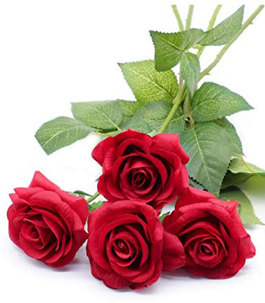 Derbway 4pcs Roses Artificielles Fleur de Soie, Tige Unique Faux Rose Bouquet de Fleurs Real Touch pour la Fête, Le Mariage, la Maison, la Décoration de l'hôtel (Rouge)