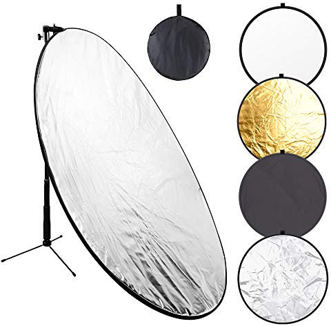 110cm Faltreflektoren Set Reflektor 5-in-1 für zusammenklappbare Fotografie-Reflektoren mit Metallklemme und Lichtstativ für Studiobeleuchtung Außenaufnahmen/Silber/Gold/weiß/schwarz