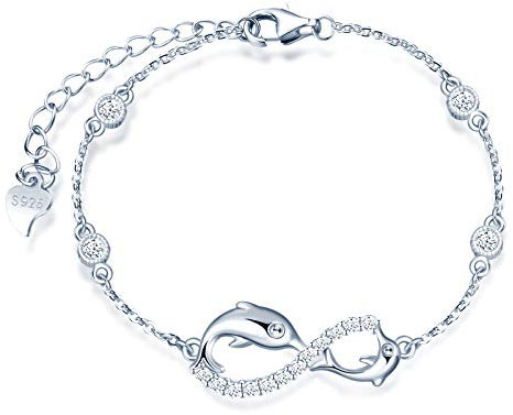 INFINIONLY Bracelet pour femme fille, ensembles de bijoux en argent 925, bracelet symbole infini et dauphin mignon, zircon incrusté, argent, Cadeau de Noël et d'anniversaire