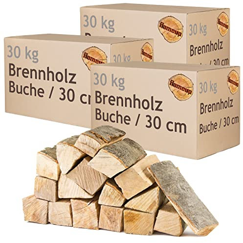 Bois de Chauffage 90 kg pour Poêle et Cheminée Brasero Grill Panier à Feu Bûches de Bois de Hêtre 30 cm Flameup