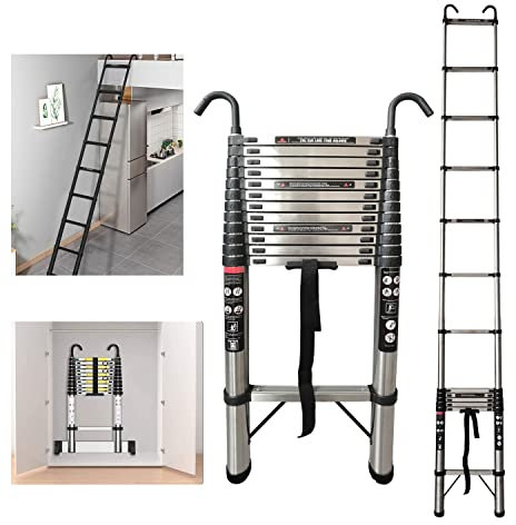 Escalera Extensible Telescópica 5 Metros(12 peldaños) Escaleras de Acero de extensión portátiles Plegables, Azotea RV Ático Casa Interior Exterior, Carga 150kg Escalera Telescópica