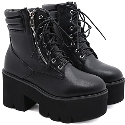 Punta Rotonda Tacco Alto Booties Lace-Up Ecopelle Combattimento Stivali Militari Donna con Cerniera Antiscivolo Trekking Stivaletti,Nero,36 EU