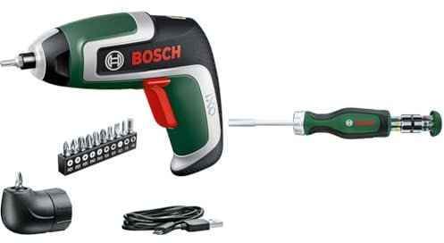 Bosch Home and Garden Visseuse compacte sans fil - IXO Kit & Tournevis à cliquet à couple élevé avec 12 embouts Bosch (pour vissages exigeants ; magasin d’embouts amovible ; porte-embout magnétique)