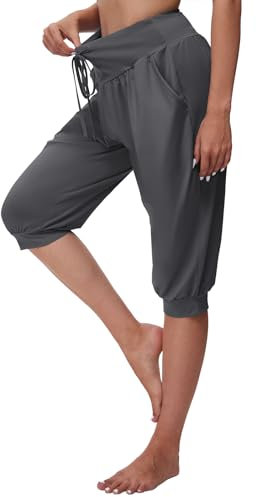 BATHRINS Haremshose Damen 3/4 Yogahose Jogginghose High Waist Caprihose Sommer Pilates Hose Leicht Pumphose Locker Sporthose mit Taschen Kordelzug（Dunkelgrau,M）