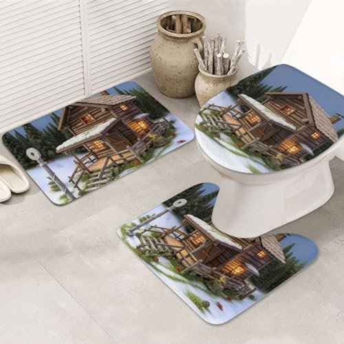 Set di 3 tappetini da bagno super morbidi e assorbenti, antiscivolo, in legno, rustici, con paesaggi di tronchi, tappeto da bagno a forma di U, tappetino per WC lavabile, per vasca da bagno e doccia