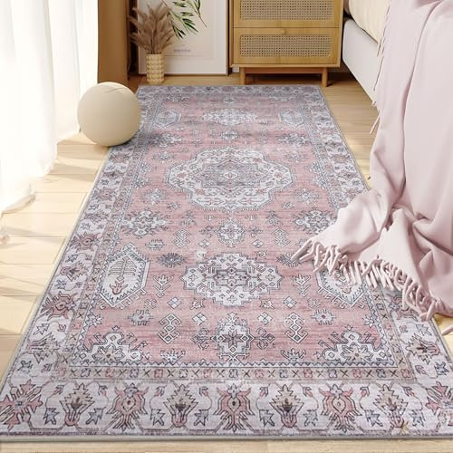 Taleta ALU Waschbarer Läufer, Teppiche, Wohnzimmer, klein, weich, Kurzflor, Vintage-Bereich, Teppiche für Nachttisch, Flur, Eingang, Schlafzimmer (Rosa, 80 x 150 cm)