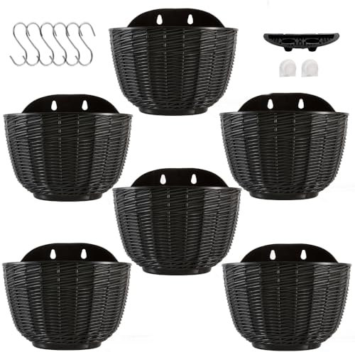 MoFarbe 21cm Hanging Planter Outdoor Pot: Wall Plant Hanging Flower Pots with Drainage Holes,Thickened Plastic Flower Basket for Indoor Outdoor Railing Fence Decor Set of 6 (Black)