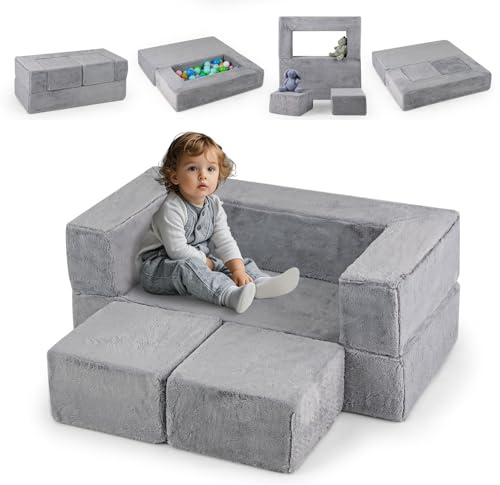 Maxmass Modular Kids Play Sofa, Toddler Sofa Bed Convertible Sectional Foam Playset with 2 Ottomans, Fold Out Children Couch Bed Lounger Chair Baby Armchair for Playroom Kids Room Nursery