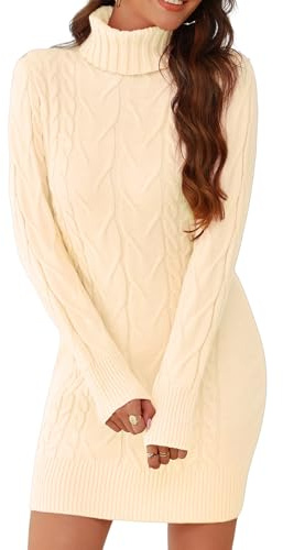 Uniexcosm Vestido de Punto Mujer Vestidos de Pullover Cuello Alto en Invierno Elegantes Vestido de Suéter Jersey Cuello Redondo Casual para Mujer Albaricoque M