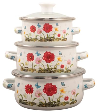 KiBcsLic 3 Stücke Emaille Topf Set mit Griffen Und Deckel Praktischer Kochtopf für Induktion Gasherd Ideal für Suppen Eintöpfe Und Babynahrung, Rote Blume