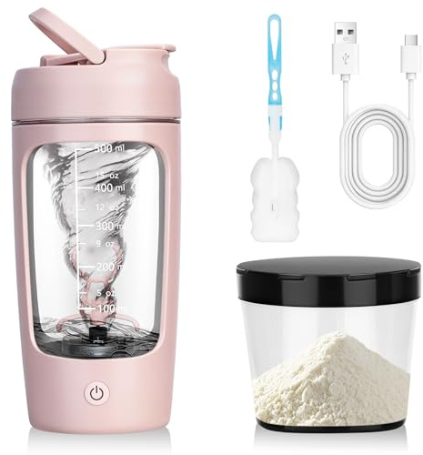 TAVADA Elektrischer Shaker Protein 650ML,Shaker Elektrisch mit Pulverfach mit Bürste,USB-C wiederaufladbar,automischer Mixer für cremige Proteinshakes & Milchshakes,BPA-frei,Rosa