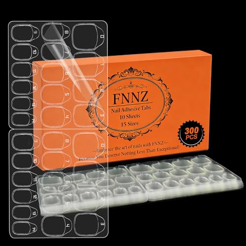 FNNZ 300 Pcs (10 Sheets) Nail Adhesive Tabs, Ultra Thin Double-Sided Nail Sticky Tabs for Press on, 15 Sizes Jelly Nail Glue Stickers Waterproof Press on Nail Sticky Tabs for Manicure Nail Accessories