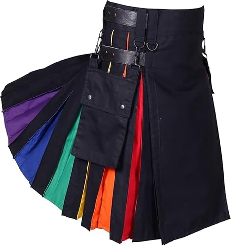 Falda Escocesa Rainbow Kilt para Hombre, 100% algodón, Plisada, con Colores arcoíris y Correas de Cuero, para Festivales, Orgullo y Fiesta (FR/ES, numérico, 48, Regular, Regular)