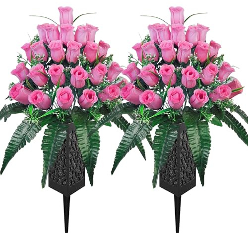 2-Pack Cemetery Flowers for Grave with Spiked Vases, 24-Stem Pink Artificial Rose Bouquets, Windproof and Colorfast All-Weather Memorial Decorations for Headstones