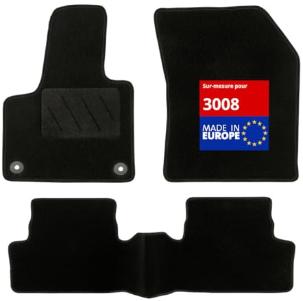 DBS - Tapis de Sol Voiture - sur Mesure - Adapté à Votre Peugeot 3008 (05/2009-09/2016) Antidérapant : Clips de Fixation et Autogrip - 3 pièces : Protection du Pont arrière - Moquette