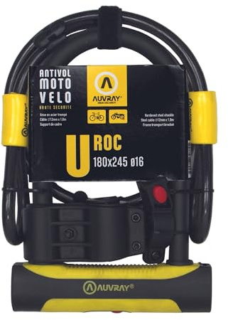 AUVRAY - Antivol vélo U + Cable - Certifié Art - U ROC Art 180 X 245 D.16 + Cable 100 D.12 + SUPPORT 2 CLES - Câble Haute Résistance - Facile à Transporter et à stocker - Haute sécurité