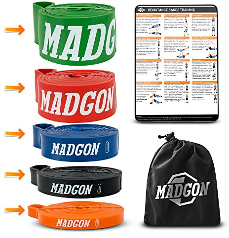 MADGON Resistance Bänder (als Einzelband in 5 Stärken oder im Set). Reißfeste & haltbare Trainingsbänder mit Beutel und PDF Guide. Widerstandsbänder für alle Muskelgruppen. Fitness Band Loop