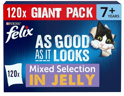 PURINA FELIX AS GOOD AS LOOKS Senior Cat Selezione mista in gelatina con manzo, salmone, con pollo, con tonno Wet Cat Food Pouch 120x100g
