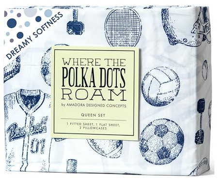 Kids Sports Bedding Set Queen Size, Super Soft Baseball, Football, Soccer Themed Bedsheets for Teens and Children, Wrinkle Resistant Premium Flat and Fitted Sheets for Boys and Girls Sports Room Décor
