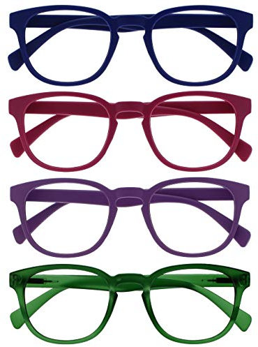 OPULIZE Pop Lesebrille 4er Pack Keck Rund Matt Rahmen Federscharniere Kratzfest Blau Rosa Lila Grün Herren Damen RRRR2-3456 +3.00