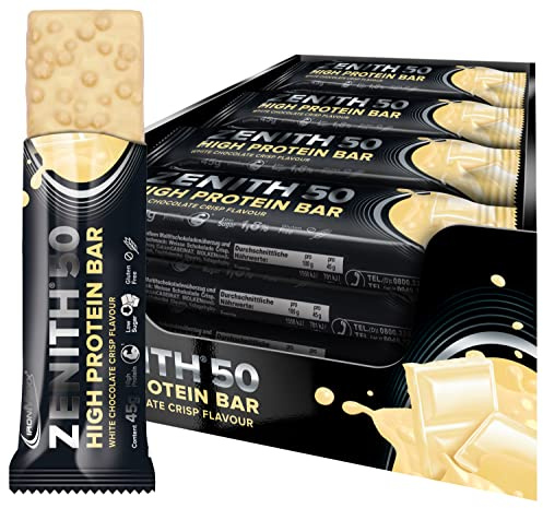 IronMaxx – Barre Protéinée Zenith 50 – Chocolat Blanc Crisp 16 x 45 g – Barre protéinée sans sucre, protein bar riche en protéines