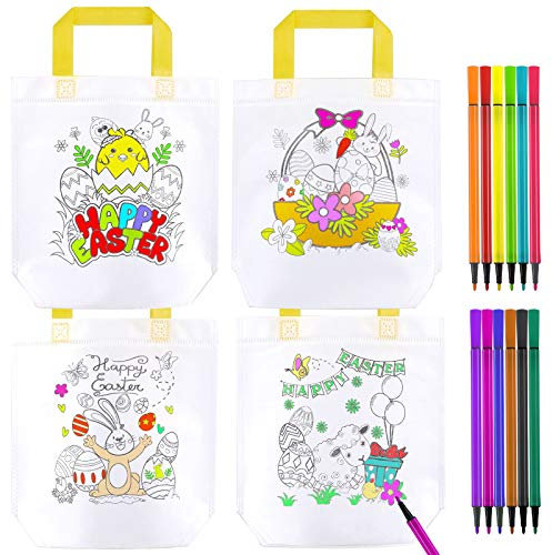 HOWAF 12pcs Design Your Own Easter Party Bag for Kids, Easter Bunny Egg Graffiti Party Bags to Colour & 12 Colouring Pens, Reusable Non-Woven DIY Easter Crafts Party Favors Gift Tote Bags with Handles