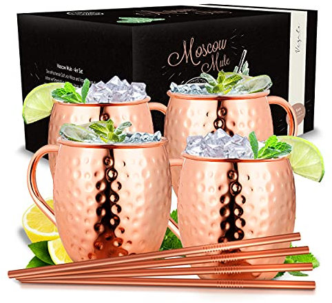 Vezato Moscow-Mule-Becher [500ml] – Gehämmerte Kupferbecher mit Strohhalmen – Handgemachtes -Set [4 Stück] – Rostfreie Kupfer Becher