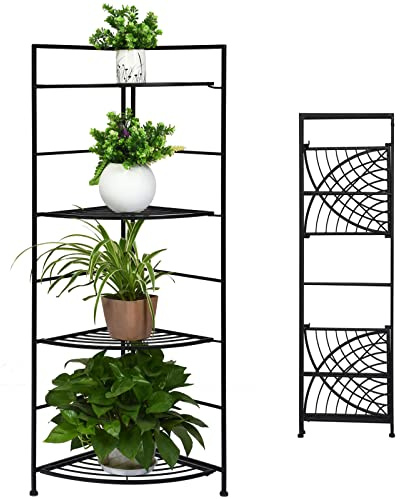 Giantex Folding Metal Plant Rack, 4 Tiers Corner Shelf Plant Stand, Flower Pots Holder Display Rack Storage Shelves for Balcony Patio Living Room