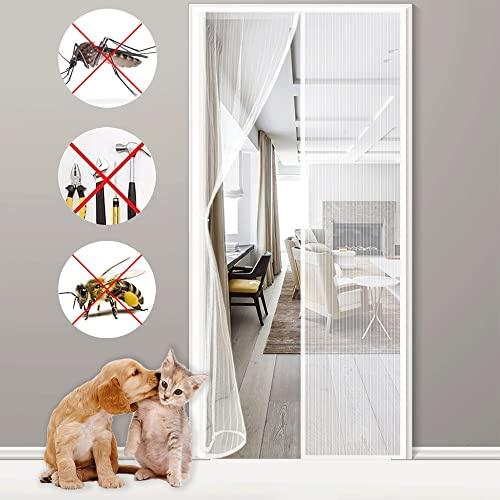 Magnetic Fly Screen Door, 145x210cm Insect Protection,Balcony Door Fly Curtain with Magic Paste,Mesh Curtain Keep Fresh Air in & Bugs Out White