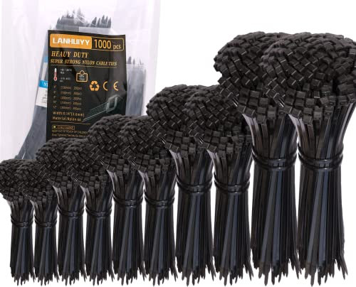 1000 Stück Schwarz Kabelbinder Set 100/150/200/250/300mm x 3,6 mm, Kabelbinder UV Beständig mit, Kabelmanagement Gartenarbeit Cable Ties (1000pcs, Schwarz)