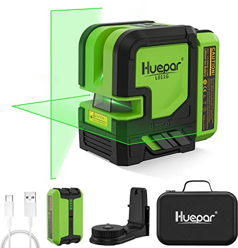 Huepar Kreuzlinienlaser, Selbstnivellierendes Laserwerkzeug mit grünem Strahl für den Außenbereich mit Kreuzlinien - 180°Horizontal und 120°Vertikal wählbare Laserlinien, 5200mAh Li-Ionen-Akku L011G
