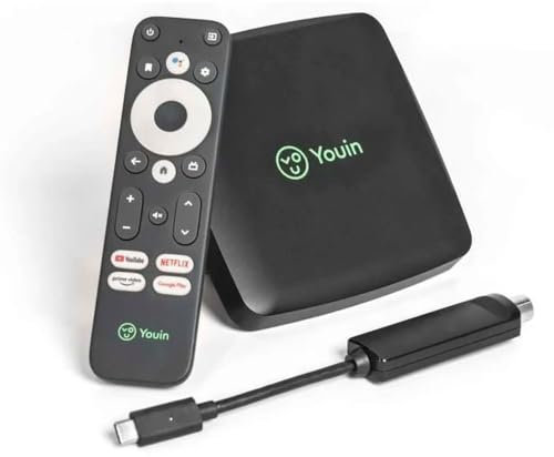 YOUIN Récepteur Android TV T2 EN1060K 4K UHD avec DVB-T2 Chromecast Assistant Google HDMI WiFi Dual Band Bluetooth USB TV Connectée.