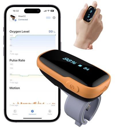 Vibeat Pulse Oximeter for 12 Hours Continuous Tracking, WearO2 Bluetooth Finger Oxygen Monitor, Notification of Low O2, Wearable Ring Blood Oxygen Meter, Free App & PDF Report
