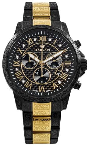 LOUIS XVI Palais Royale - Ø 43 mm - Montre pour homme - Étanche - Avec verre saphir - Or/argent/noir - Cadran noir - Mouvement à quartz suisse, Bicolore S/G, Bracelet