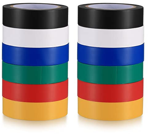 Cbofeixg 12 Pcs Electrical Tapes, Insulation Tapes, Insulation Electrical Tapes Multi Coloured PVC, 19 mm x 10 m Electrical Tape Strong Adhesive Waterproof for Insulating Repairing Wires
