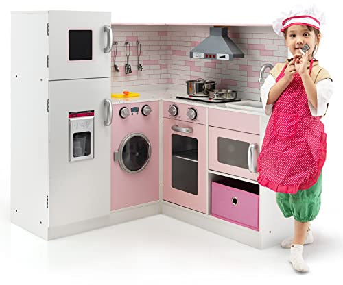 Maxmass Wooden Kids Corner Kitchen, Children Role Play Cooking Playset with Light & Sound, Ice Dispenser, Apron, Chef Hat, Chef Hat, Range Hood, Toddler Toy Kitchen Play for 3+ Years Old (Pink)
