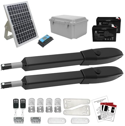 JUJIANG C026 Solar Gate Opener with Batteries & Solar Panel for Dual Swing Gates Up to 1540lb Automatic Gate Opener with Remote Complete Kit Medium Duty Electric Gate Opener Solar Powered 60W Motor