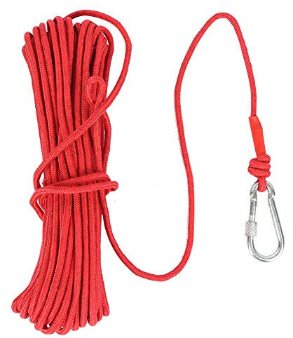 Corde de Récupération en Polyester Rouge de 20 Mètres de Long avec Mousqueton de Verrouillage à Anneau en D, Adaptée à la Pêche à L'aimant, au Camping, à la Randonnée, à L'ancre