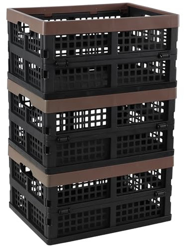 Melontray 15 L 3 Packs Plastic Collapsible Storage Crates, Folding Crate, Black