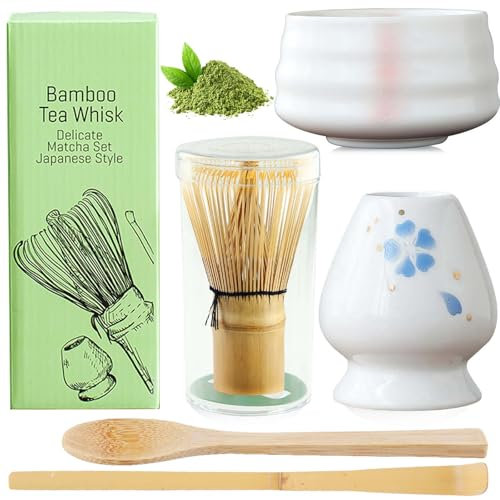 BAIFULAI Set di 5 fruste Matcha, Matcha, ciotola in ceramica, cucchiaino, porta frusta, accessorio giapponese per cerimonia matcha (bianco)