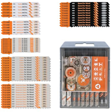 50PCS T Shank Jigsaw Blades Set - BGTEC HCS/HSS Jig Saw Blades for Wood, Plastic and Metal Cutting(T118A,T118B,T101AO,T101B,T101BR,T144D)