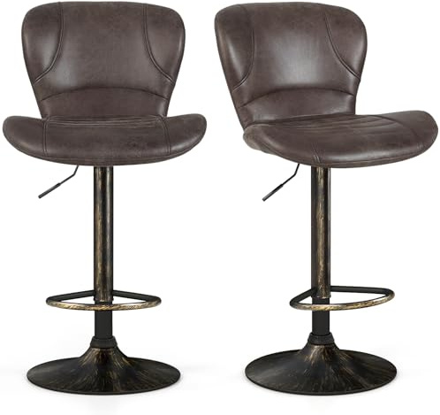 GIANTEX Uppsättning av 2 barstolar höjdjusterbar 61–81 cm med ryggstöd | Vridbar pall 360° roterbar med fotstöd, diskpall bistropall kökspall vintage av PU, 150 kg lastkapacitet