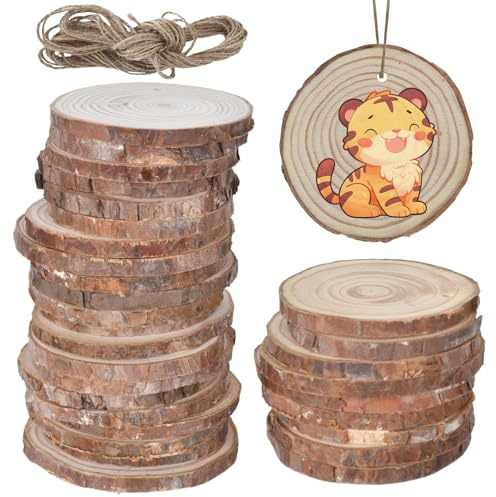 Marjoramy 30 Discos de Madera Natural, Perforados, 6-7 cm, con 10 m de Cuerdas, para Decoración
