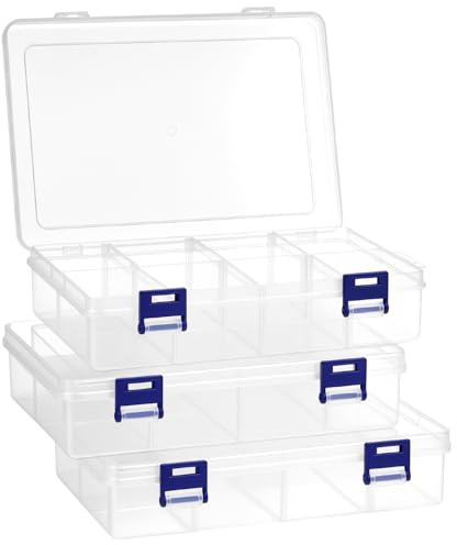 QWORK® 3 Piezas Cajas de Almacenaje de Plástico, 20 x 13,3 x 4,6 cm, 8 Compartimentos Ajustables - CajaOrganizadora para Tornillos, Cuentas y Accesorios