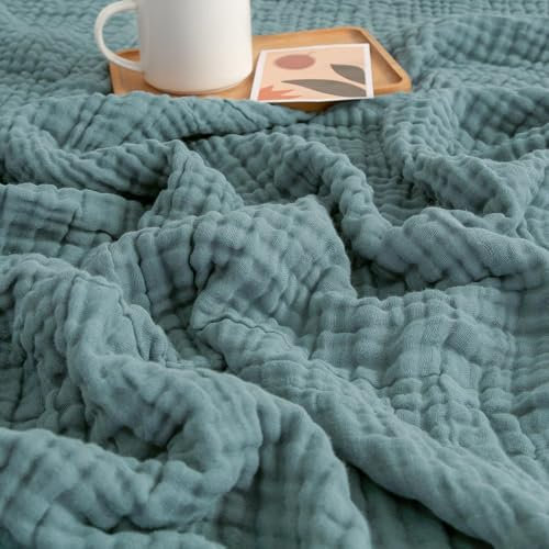 HAXQL Muslin Cotton Blanket Adults, Summer Breathable Bedspread Throw Bedding Sleep Ice Cooling Cold Comforter For Sleeping (Dark Green, Normal(130cmx150cm))