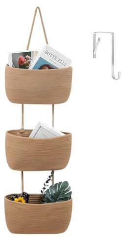 MIATTCLD Wand Hängekörbe Tür Organizer, Hängeorganizer Organizer mit 3 Ebenen, Handgewebt Baumwollseil Wandkorb Hänge Aufbewahrung Küchenkörbe für Schlafzimmer Kinderzimmer Wohnzimmer Heimdekor (E)