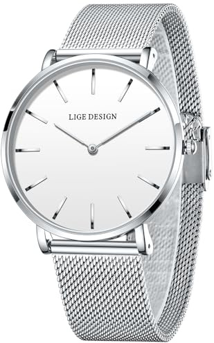 LIGE Uhr Damen, Analog Quarz Armbanduhr Damen, Edelstahl Wasserdicht, Damenuhren Fur klassischen Modischen Schlicht Stil, Silber