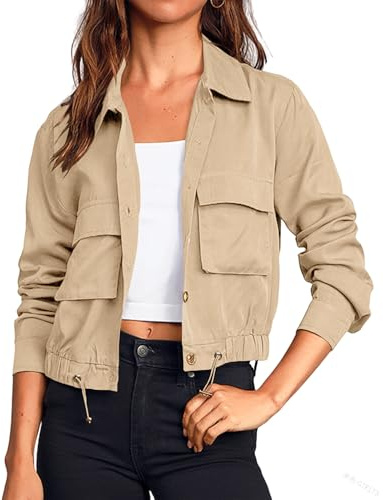 Cicy Bell Women's Military Safari Cropped Jackets Button Down Lightweight Oversized Utility Anorak Coat with Pockets