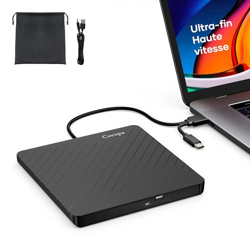 Cocopa Lecteur CD/DVD Graveur DVD±RW Externe USB 3.0 & USB-C, Double Alimentation (USB ou Externe) - Ultra-Fin 13mm pour MacBook iMac PC Portable/Bureau - Windows 11/10/8/7, macOS, Linux - Sac Inclus